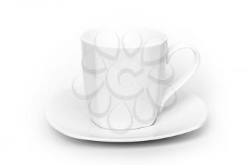 White ceramic cup on saucer above white background
