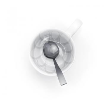 Empty white coffee cup with metal spoon top view