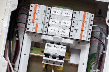 Electrical panel with automatic circuit breakers and wires