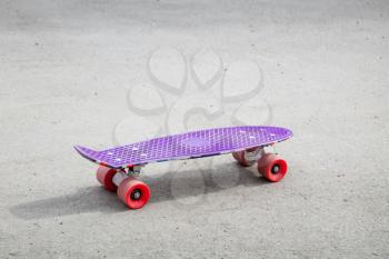 Small size modern purple plastic skateboard stands on an empty urban asphalt road
