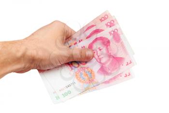 Chinese 100 yuan renminbi banknotes in male hand isolated on white  background