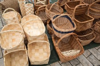 Various traditional natural wicker baskets on the Finnish fair