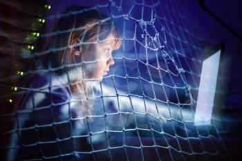 Little girl working on laptop at night in a fishing net, Internet addiction disorder conceptual photo collage