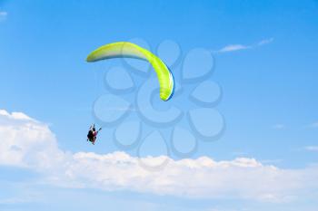Paragliders in bright blue sky, tandem of instructor and beginner