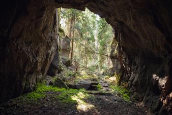 Exit to the forest from the dark rocky cave, natural photo background