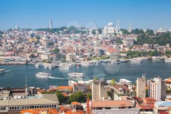 Istanbul, Turkey. Summer cityscape with Golden Horn a major urban waterway and the primary inlet of the Bosphorus, photo taken from the viewpoint of Galata tower