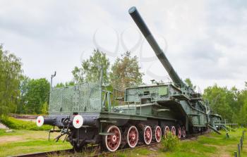 Historical monument in fort Krasnaya Gorka, Russia. Soviet 305-mm railroad gun from WWII period