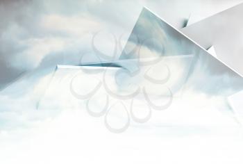 Abstract background with polygonal structure over cloudy sky. 3d illustration, computer graphic