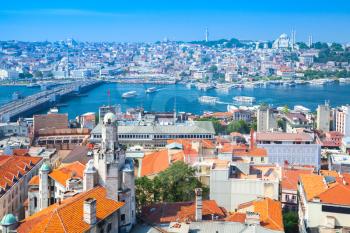Istanbul, Turkey. Summer cityscape with bridge over Golden Horn a major urban waterway and the primary inlet of the Bosphorus. Photo taken from upper viewpoint of Galata tower