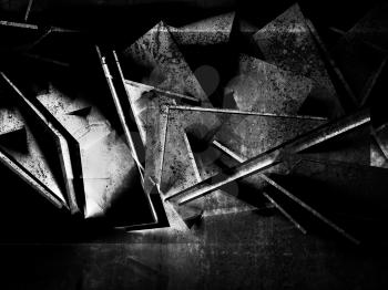 Abstract black geometric background, square twin blocks with grungy concrete texture. 3d illustration, computer graphic