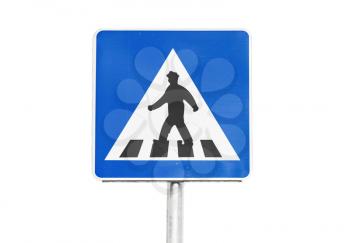 Pedestrian crossing. Square blue and white road sign with walking man isolated on white background