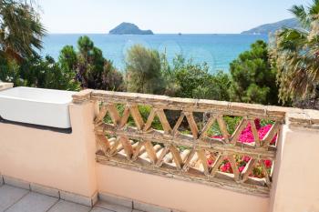 Zakynthos island, Greece. Seaside balcony view, popular touristic resort 