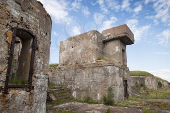 Old abandoned concrete bunker from WWII period on Totleben fort island near Saint-Petersburg city in Russia