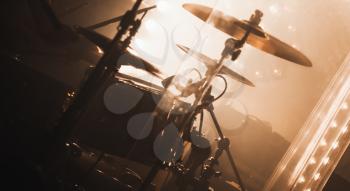Live music photo background, rock drum set  with cymbals. Closeup photo, soft selective focus