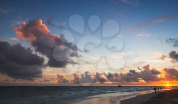Seascape in tropical sunrise. Atlantic Ocean coast, Bavaro beach, Hispaniola Island. Dominican Republic, coastal landscape