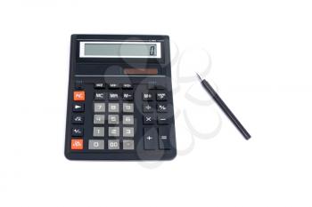 Isolated office calculator and pen