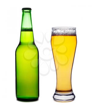 Beer bottle and glass isolated on white background