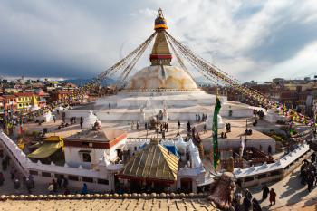 Unidentified pilgrims at the Boudhanath stupa in Kathmandu, Nepal