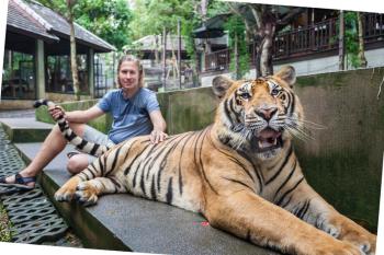 Young man hugging a big tiger in Thailand