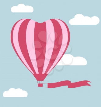 Flat hot air balloon in the shape of a heart with flag isolated on sky background