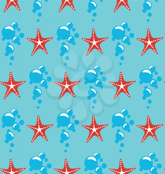 Seamless sea pattern. Red starfish and blue bubbles on blue background