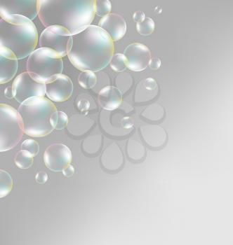 Transparent iridescent soap bubbles on grayscale background