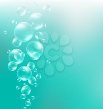 Transparent air bubbles in water on cyan background
