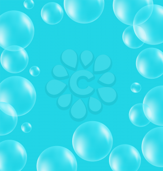 Transparent soap bubbles like frame on blue background