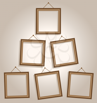 Six wooden frames hang on wall on brown background