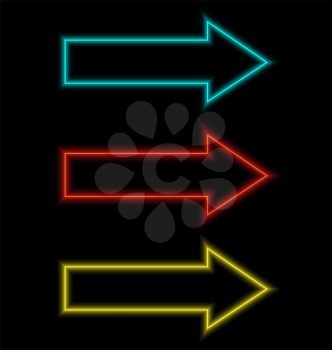 Three multicolored self-illuminated arrows isolated on black background