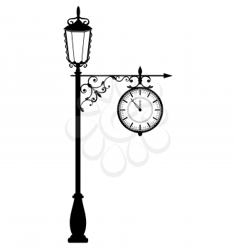 Vintage black lamppost with clock isolated on white background