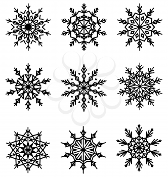 Black Flat Lacy Snowflakes Icons Isolated on White Background