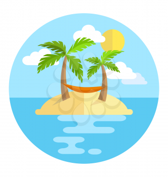 Summer vacation circle icon island with palms sun and hammock isolated on white background