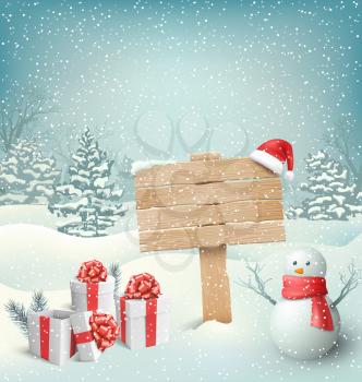 Winter Christmas Background with Wooden Signpost Snowman and Gift Boxes