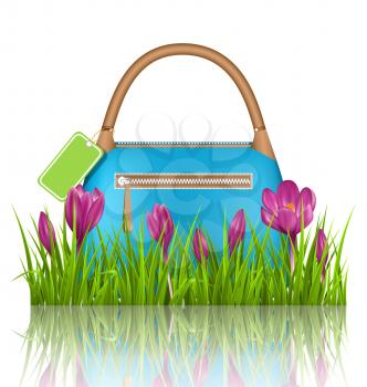 Blue woman spring bag with crocuses flowers and sale label in grass lawn with reflection on white background