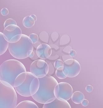 Transparent blue soap bubbles on pink background