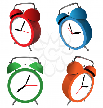 Four multicolored alarm clocks isolated on white background