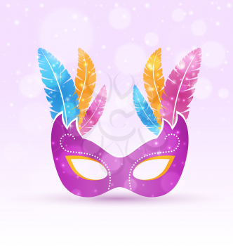 Violet carnival flat mask with multicolored feathers on violet background