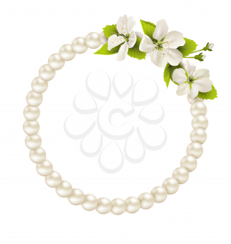 Pearl circle like frame with cherry flowers isolated on white background
