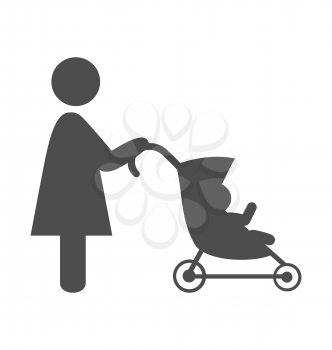 Mother with baby stroller pictogram flat icon isolated on white background