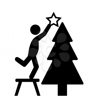 Man with Christmas Tree Decoration Flat Black Pictogram Icon Isolated on White Background