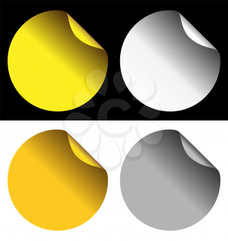 Two golden and two silver stickers isolated on white and black backgrounds