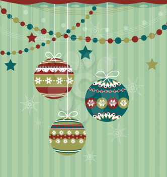 Three Christmas balls on striped background
