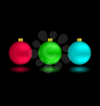 Three self-illuminated Christmas balls with reflection isolated on black background