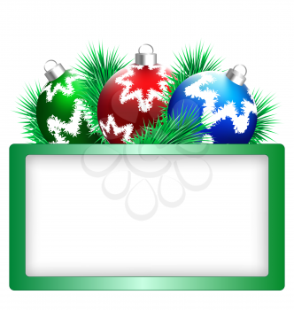Three multicolored Christmas balls with pine branches and green frame isolated on white background