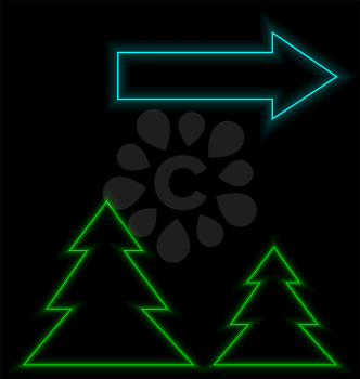 Self-illuminated Christmas trees with arrow illuminated on black background
