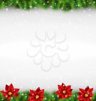 Shiny green pine branches like frame with flower of poinsettia in snowfall on grayscale background