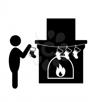 Christmas Decoration Home Man with Fireplace and Socks Flat Black Pictogram Icon Isolated on White Background
