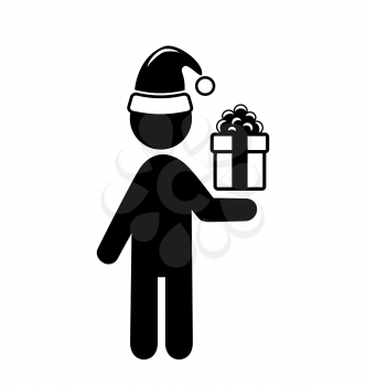 Christmas Shopping Man with Gift Box Flat Black Pictogram Icon Isolated on White Background