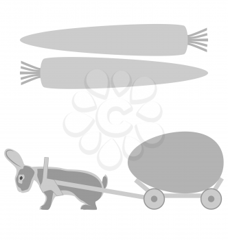 Grey rabbit pulls a cart with egg and carrot frames on white background